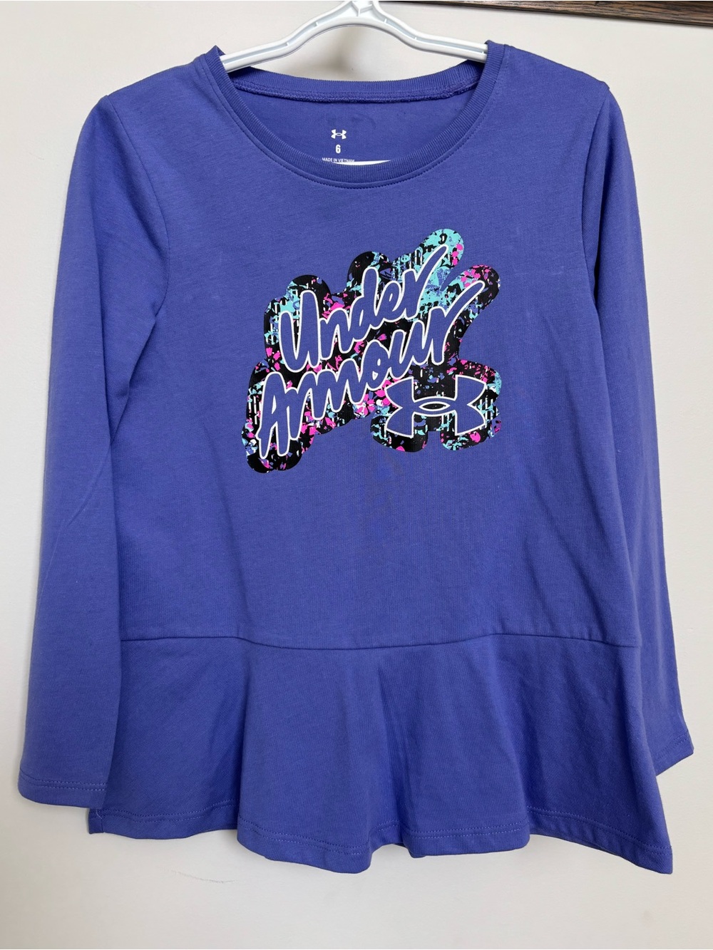 Under Armour Girls Blue-Purple Long Sleeve Peplum Logo Top